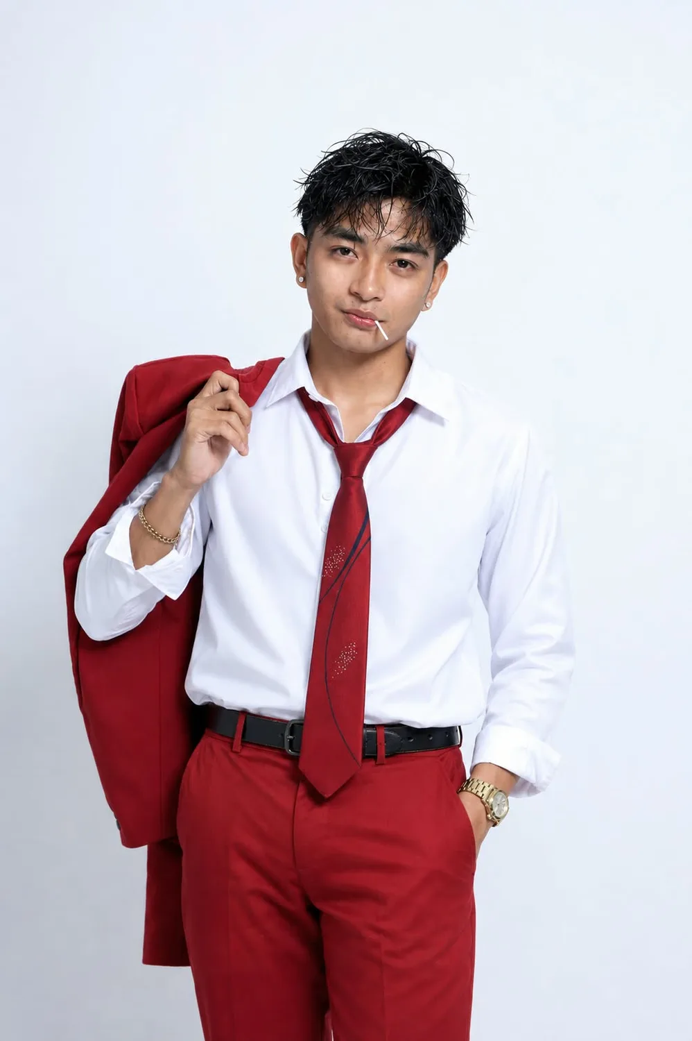 Mark Jaron wearing a red suit